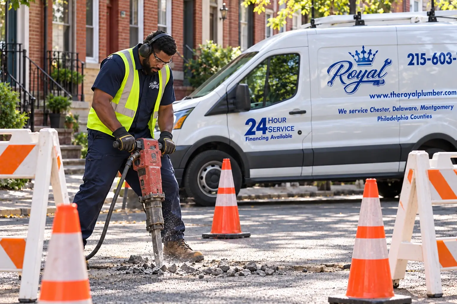 Illustration of a technician using a jackhammer within a controlled street work area near a Royal truck and Philadelphia rowhouses.